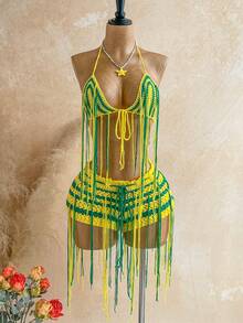 Soleia Summer Women's Vacation Style Beach Fringe Knit Bikini Set Green And Yellow Sexy - Multicolor - View 4
