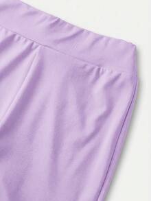SHEIN Tween女孩休閒純色咖啡棕長袖上衣與喇叭褲2件套 - 紫色 - 查看 8