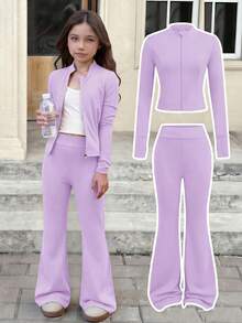 SHEIN Tween女孩休閒純色咖啡棕長袖上衣與喇叭褲2件套 - 紫色 - 查看 10