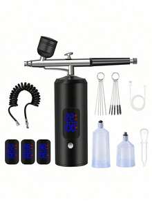 LCD Airbrush Kit, Includes Air Compressor, 3-Speed Wireless Airbrush Gun With Hose, 38PSI Portable Airbrush Suitable For Painting, Hairstyling, Model Making, Cake Decorating And More - Digital Display 3-speed Black Pump + Airbrush + 2 Pots + Brush + Tube - View 10