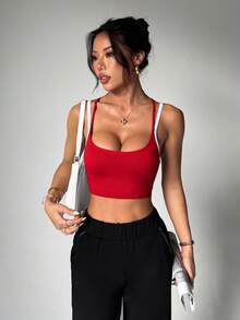 Slayform Slayform Seamless Women's Contrast Color Criss-Cross Back Daily Fitness Modest Athleisure Sports Bra Gym Workout Red And White Plaid Summer - Red - View 4