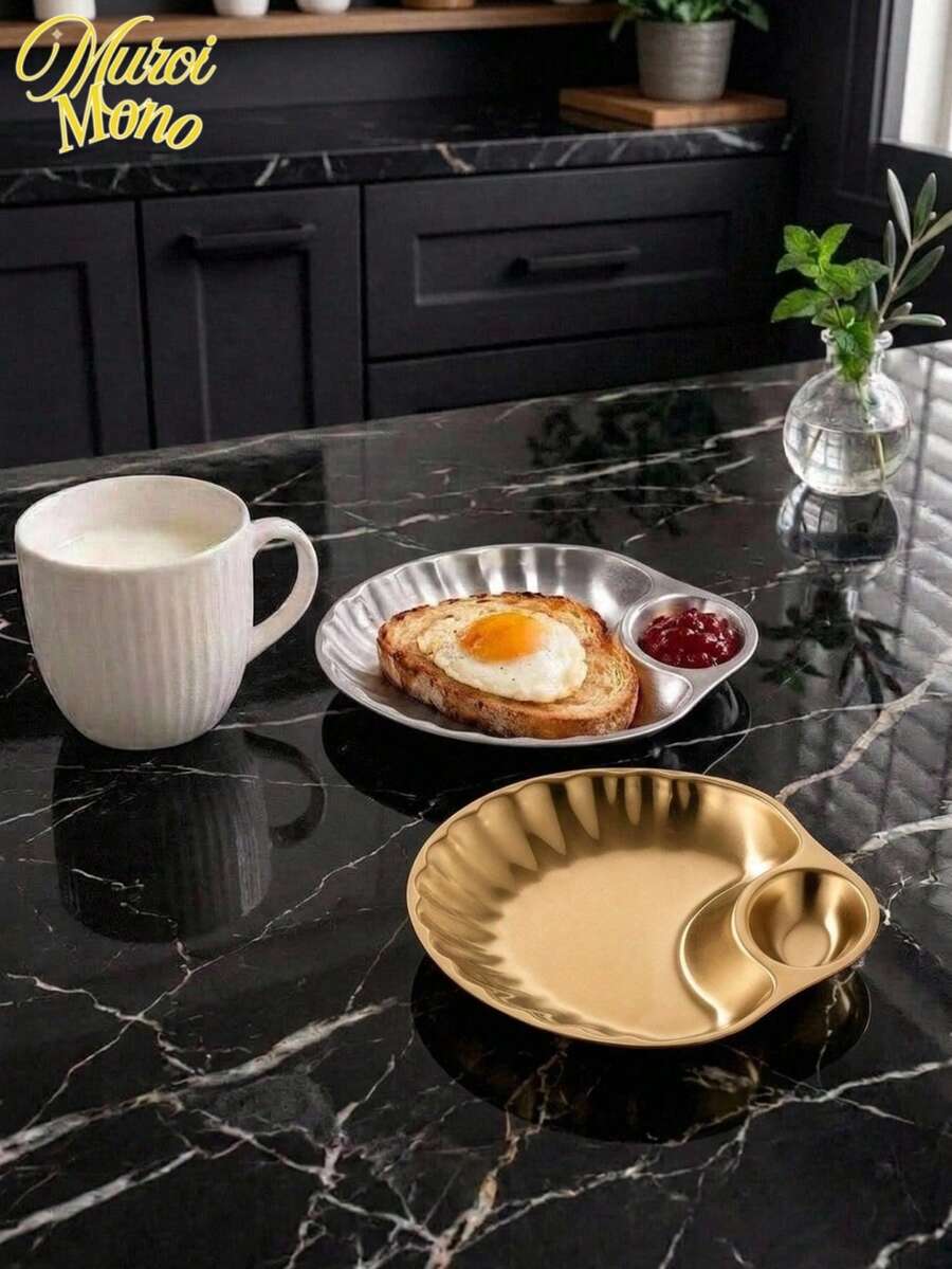 Muroi Mono 1 pieza/2PCS Plato de aperitivos de acero inoxidable con forma de concha con compartimento de salsa integrado, bandeja de servir dividida con borde ondulado para papas fritas, dumplings y aperitivos, perfecto para uso diario en el hogar y restaurante, excelente regalo de inauguración de casa - Multicolor - Ver 1