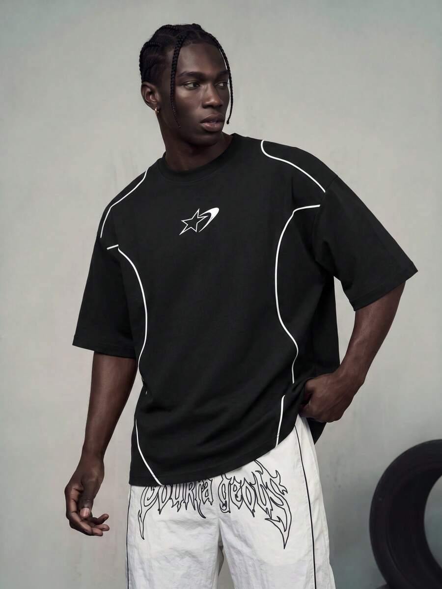 Sport MetroGents Men's 1pc Contrast Trim Star Print Sports T-Shirt, Gym Black - Black - View 1