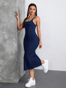 SHEIN Tall 方領露肩修身緊身牛仔中長洋裝，適合派對與度假，高個女性穿著 - 深色水洗藍 - 查看 7