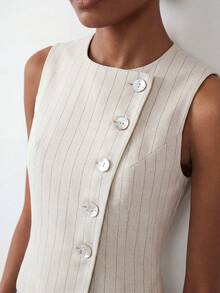 Maija Apricot Striped Summer Fall Urban Women 2 Pieces Set Asymmetric Front Top Sleeveless Fitted Waist Wide Leg Casual Wrap Pants Festival Going Out Casual - Apricot - View 3