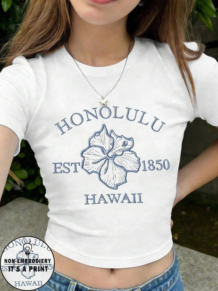 Tween Girl White Summer Casual Vacation Holiday Resort Style ""HONOLULU HAWAII"" Hibiscus Flower Print Cropped Short Sleeve T-Shirt,Fashion Tops - White - View 1