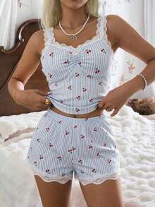 CottageSlumber Women's Romantic Cherry Pattern Lace Decor Pajama Set - Blue - View 4