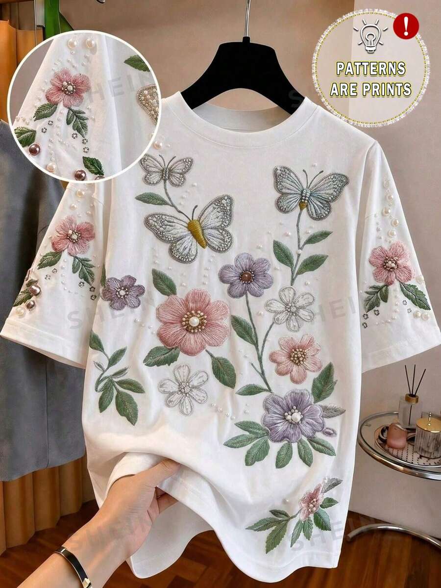 少女简约T恤,百搭休闲花卉印花设计,适合夏季穿着 - 白色 - 查看 1