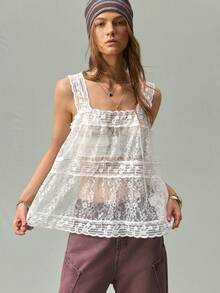 SHEIN French Vintage Black & White Musical Note Embroidered Lace Trim Square Neck Doll Top Vest - White - View 5