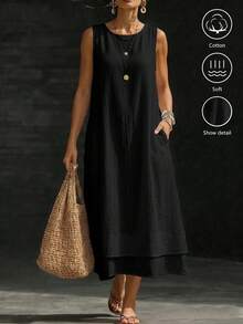 Linhara CURVE Damenkleid in großen Größen, ärmellos, aus reiner Baumwolle, mit doppellagigem Saum und Taschen, lässig für den Alltag - Schwarz - Übersicht 7