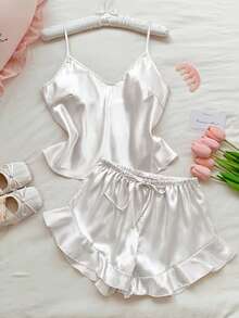 Comfortcana Conjunto de pijama de satén con volantes en el bajo, conjunto blanco - Blanco - Ver 4
