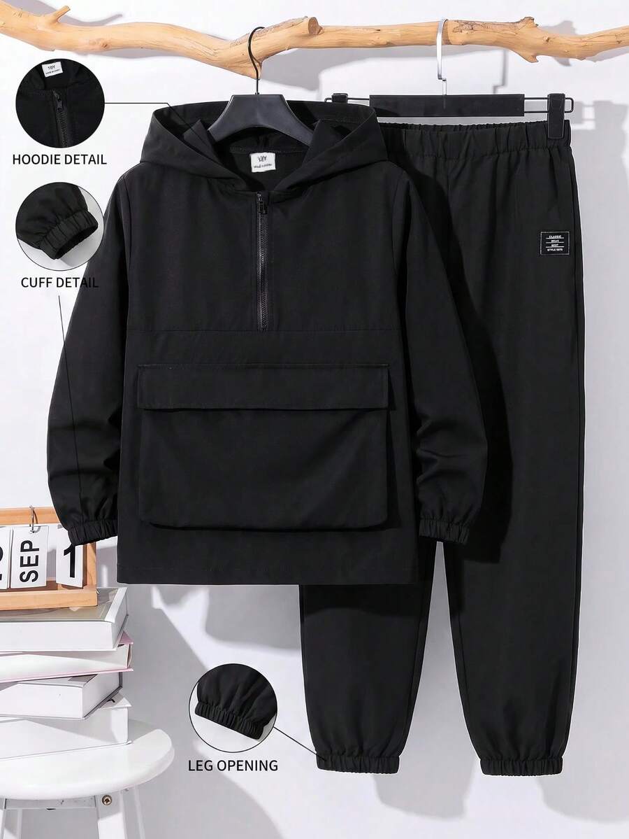 Kids Tween Boy Half-Zip Hooded Jacket And Jogger Pants 2 Pieces Set, Casual Sporty Style For Autumn/Winter - Multicolor - View 1