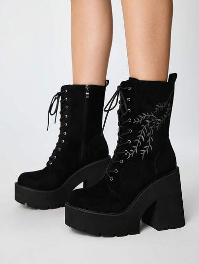 ROMWE Ladies Punk Vintage Romantic Wedge Heel Platform Boots Goth Plant Branches Embroidery Pattern Fashion Side Zip Lace Up Nightclub Party Party
