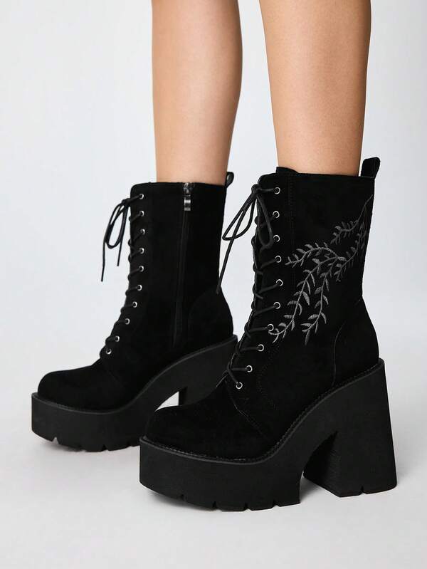 ROMWE Ladies Punk Vintage Romantic Wedge Heel Platform Boots Goth Plant Branches Embroidery Pattern Fashion Side Zip Lace Up Nightclub Party Party