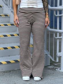SAYEHFBABY Women's Casual Striped Fold-Over Waist Wide Leg Pants, Summer - Coffee Brown - View 3