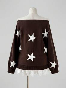 Sunspun Women's Pullover Sweater With Star Pattern, Plus Size, Off-The-Shoulder Neckline Fall - Brown - View 2