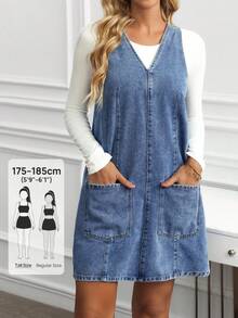 SHEIN Tall Women's V-Neck Sleeveless Double Pocket Casual Denim Dress, Tall Women - Blue - View 1