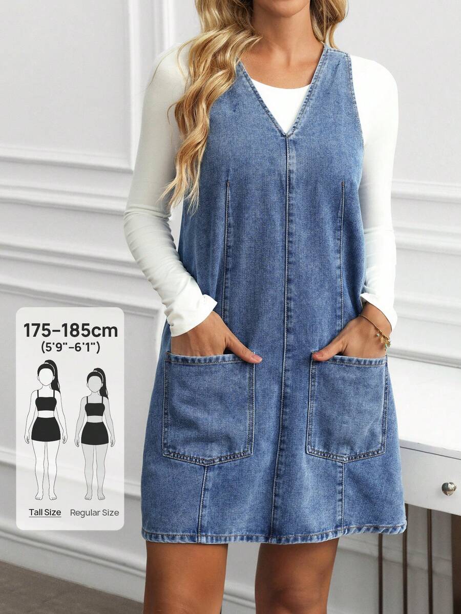 SHEIN Tall Women's V-Neck Sleeveless Double Pocket Casual Denim Dress, Tall Women - Blue - View 1