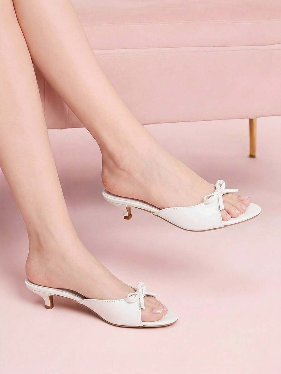 CUCCOO DOLLMOD Women's Shoes, Summer Gentle Style Sweet Style, White, Bow Stiletto, Slippers Kitten Heels - White - View 1