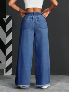 SHEIN PETITE 女款前扣口袋簡約牛仔褲，休閒日常穿著，適合小個子女性 - 深色水洗藍 - 查看 7