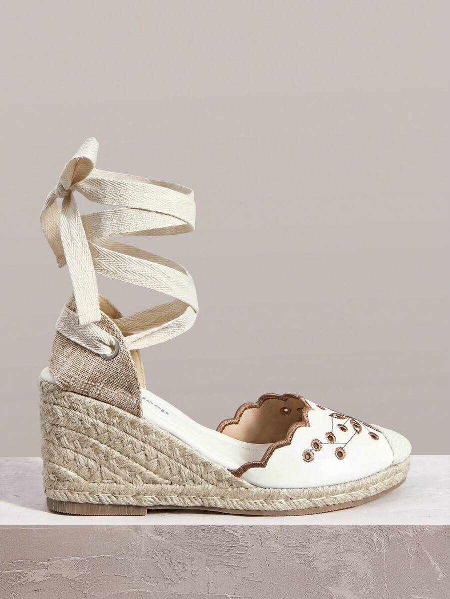 Styleloop Ladies, Rubber Band Cross Strap, Straw Rope, Sandals, High Heels. - Beige - View 1