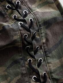 ROMWE MEN Jeans de mezclilla de camuflaje holgados para hombre con cordón - Verde militar - Ver 4