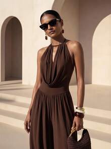 SHEIN x Rafa Kalimann Zivah Women's Solid Color Draped Neck Cowl Neck Fashion Jumpsuit For Vacation - Brown - View 10