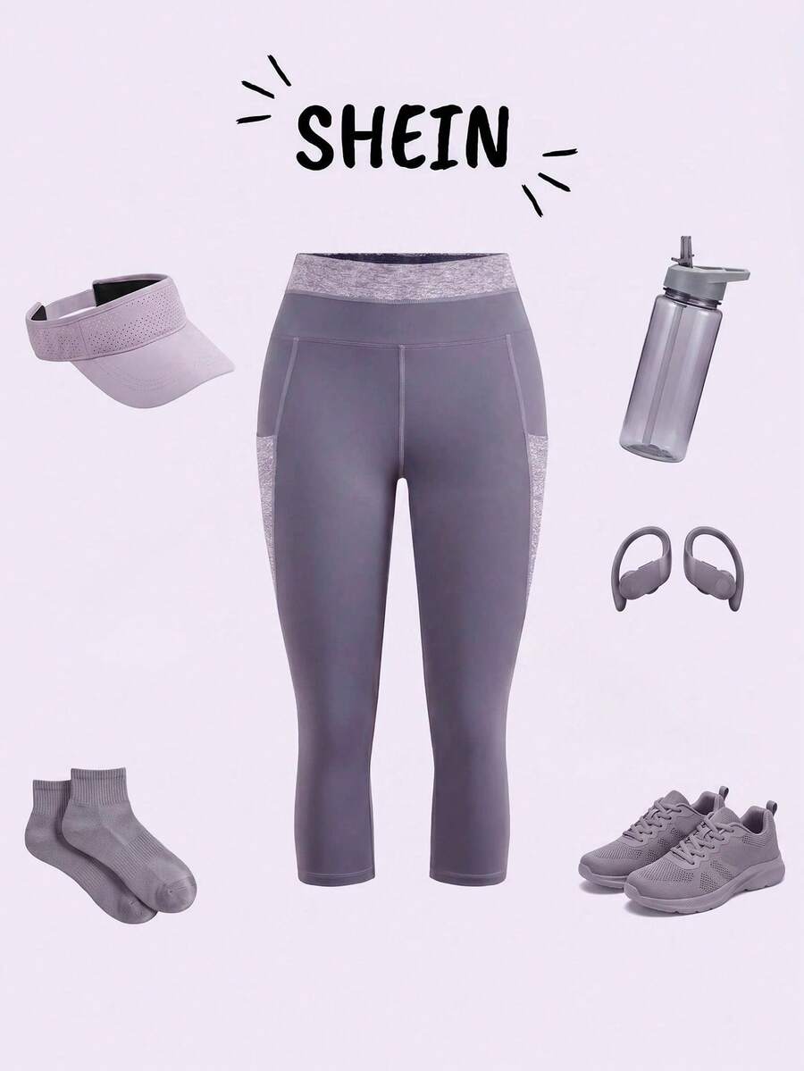 SHEIN Cheerettes Legging Olahraga Wanita Panjang 3/4 dengan Kantong dan Blok Warna