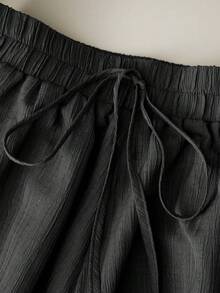 SHEIN PETITE 女款純色腰綁帶荷葉邊寬鬆裙褲 - 黑色 - 查看 7