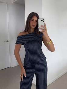 Siren Gaze Women Summer Casual Striped Foldover Asymmetric Collar Fitted Top Wide Leg Pants 2 Sets Elegant Going Out Vacation Y2k Work Office Business - Navy Blue - View 12