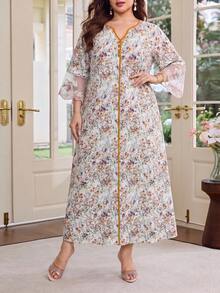 Al Najma Plus Size Women's Arabian Dress Loose Fit 3/4 Sleeve With Chiffon Patchwork Cuff, Suitable For Summer Daily Wear - Yellow - View 5