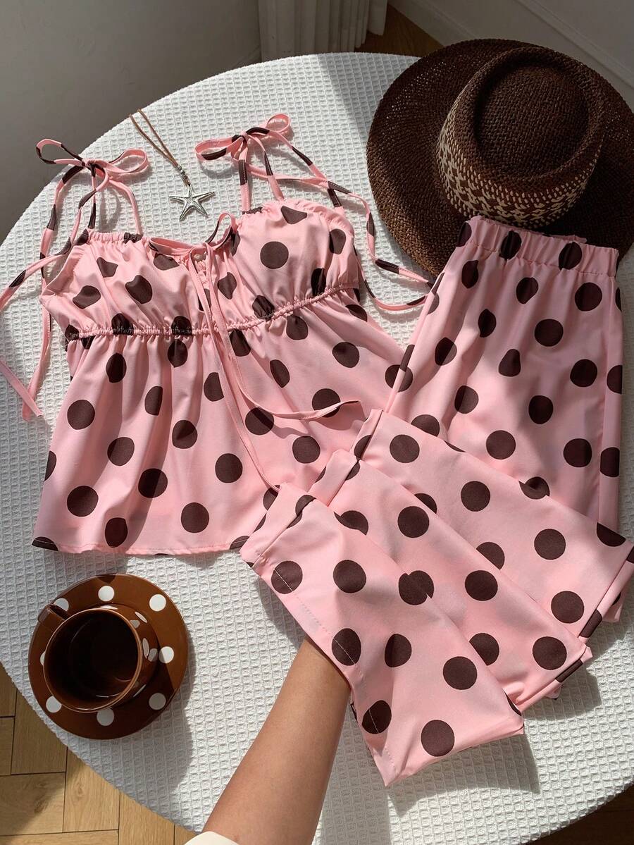 SHEIN EZwear 两件套休闲简约夏季多巴胺波点吊带背心和长裤套装,适合夏季、度假季,波点印花,杜卡迪波点,粉棕色波点。适合度假、旅行、派对、音乐节、返校季、毕业季。 - 彩色 - 查看 1