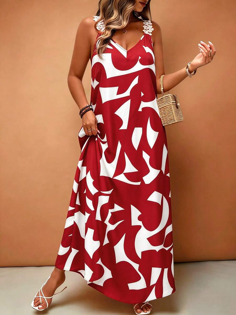 Breezaya Plus Size Women's Geometric Print Elegant Sleeveless Vacation Dress - Red - View 1