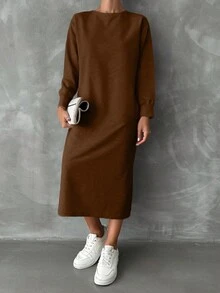 Cloudara Women's Solid Color Side Slit Sweatshirt Dress - Brown - View 3