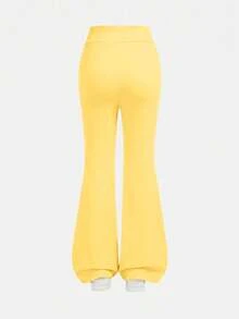 SHEIN Tween女孩休閒純色咖啡棕長袖上衣與喇叭褲2件套 - 黃色 - 查看 7
