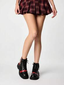 ROMWE Grunge Punk Women's Retro Platform Ankle Boots, Metal Rivet Punk Style, Skull Chain Design, 5cm Thick Sole, Zipper, Daily Wear, Black For Christmas Y2K - red and black - View 2