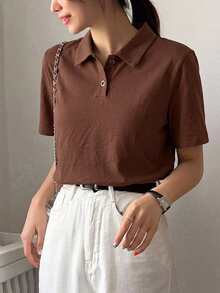 Dazy-Less Women's Loose Casual Polo Collar Short Sleeve Button-Up Coffee Brown Solid Color 100% Cotton T-Shirt - Coffee Brown - View 5