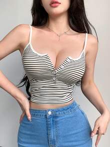 Joudiya Women Tank Tops & Camis Tombol Striped Casual - Hitam dan Putih - View 10