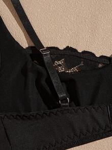 Sujetador inalámbrico de mujer Lullawish de color liso con patchwork de encaje romántico - Negro - Ver 4