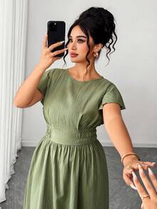 Elenzga Plus Size Elegant Romantic Elegant Round Neck Ruffle Sleeve Side Ruched Fitted Dress - Green - View 7