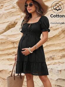 Boho Mama Umstandsmode elegantes lässiges Kleid mit Spitzenbesatz, gerafft, mit Bindeband vorne, für Fotoshootings, schwarz, Sommer - Weiss - Übersicht 2