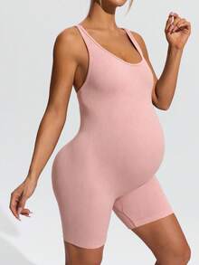 SHEIN Maternity Solid Color Camisole Style Athletic Romper - Pink - View 9
