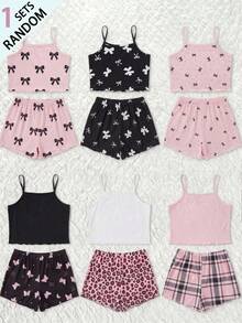 [Dikirim 1 Set Secara Acak] Piyama Anak Perempuan Remaja Musim Panas Model Baru Terlaris dengan Pita, Polkadot, dan Kombinasi Motif Kotak-kotak, Rajutan, dan Hiasan Rumbai, Model Camisole - Berwarna merah muda - View 2