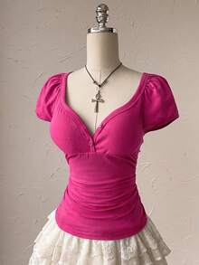 Attitoon Women's Solid Color Sweetheart Neck Short Sleeve Fitted Casual T-Shirt - Hot Pink - View 3