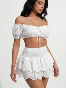 SHEIN SXY 女款度假花卉刺繡前綁帶露肩短版時尚上衣，夏季可愛沙灘風，白色 - 白色 - 查看 7