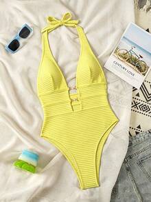 Swim SXY Springbreak 女款黃色羅紋針織提花面料鏤空深背V領掛脖高衩泳裝，適合海灘度假、泳池派對、溫泉海灘，性感辣妹風休閒連身泳衣，女款連身泳裝，波希米亞風節慶款 - 黃色 - 查看 5