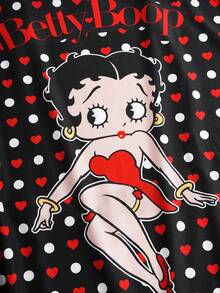 Betty Boop x SHEIN 大码女式卡通人物图案爱心波点印花宽松系带睡袍 - 黑色 - 查看 7