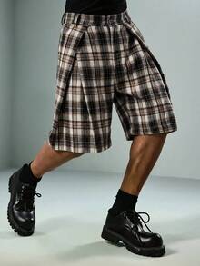 ROMWE MEN Street Life Men's Casual Pocket Button Pleated Plaid Shorts - Khaki - View 4