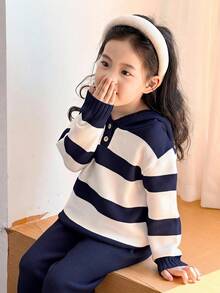SHEIN Little Byeori 女童拼色連帽長袖針織上衣與長褲套裝，秋季款 - 藏蓝色 - 查看 2