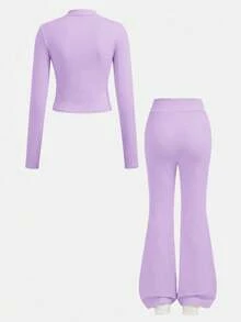 SHEIN Tween女孩休閒純色咖啡棕長袖上衣與喇叭褲2件套 - 紫色 - 查看 3